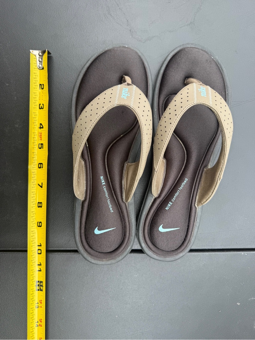 Nike Women's Tan and Dark Brown Perforated Foam Flip Flops